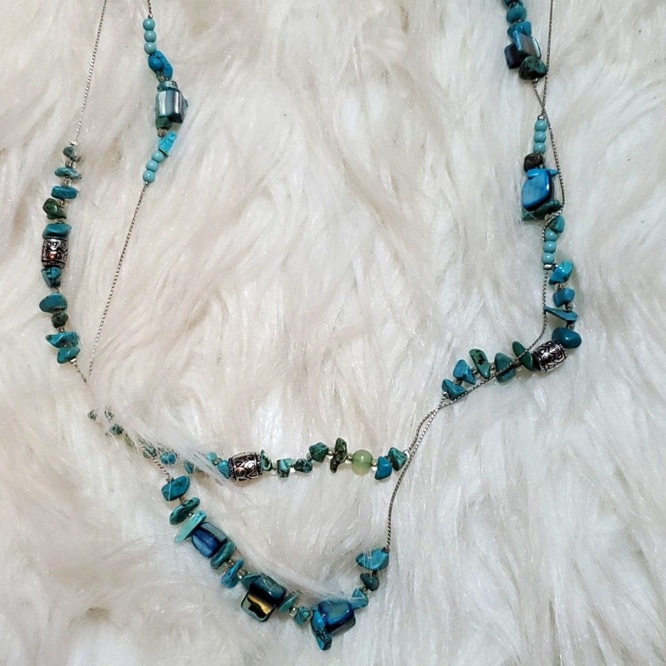 Boutique Two Strand Turquoise Color And Silver Tone Long Necklace Like N